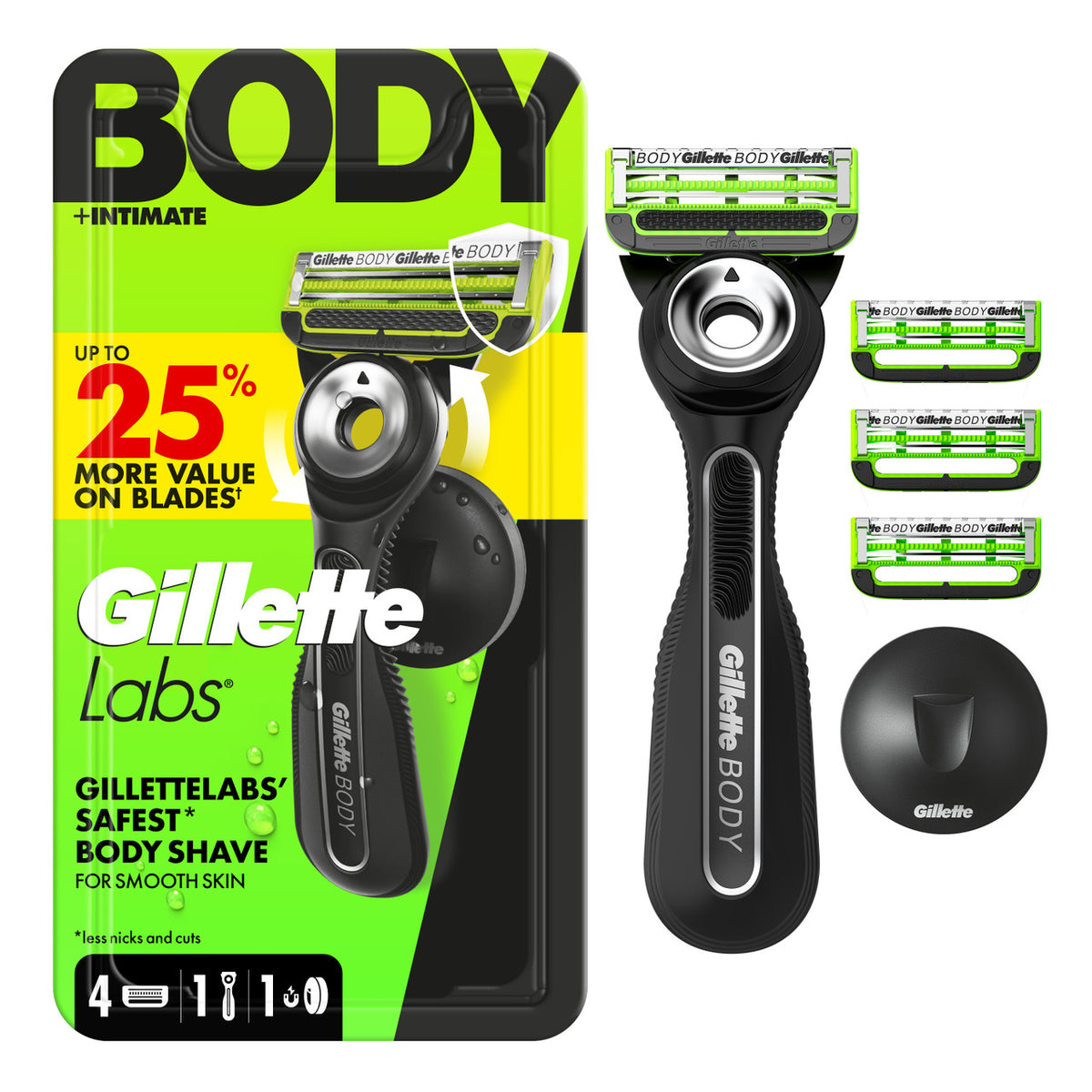 GilletteLabs Body + Intimate Razor For Men with Magnetic Shower Hanger, Handle, 4 Blade Refill Cartridges